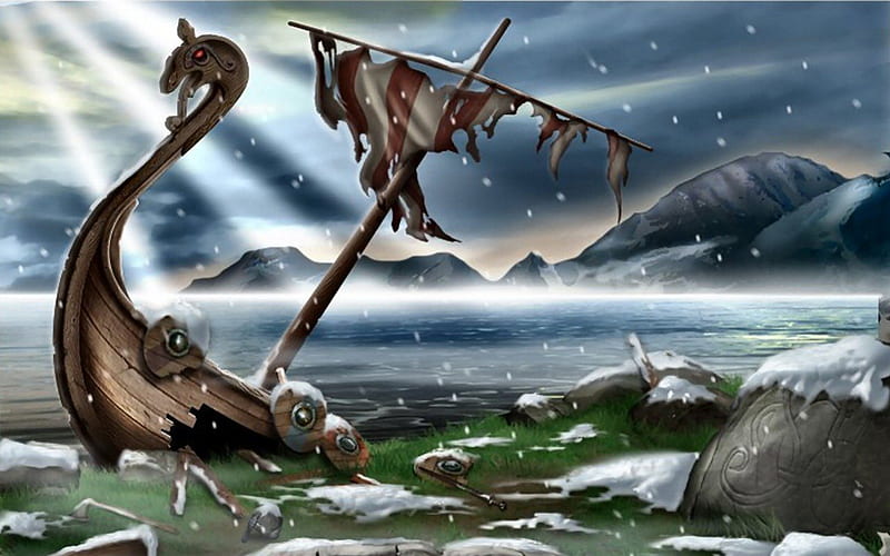 Viking Ship Wreck 5, art, ancient, illustration, artwork, ship, painting, wide screen, computer graphics, viking, HD wallpaper