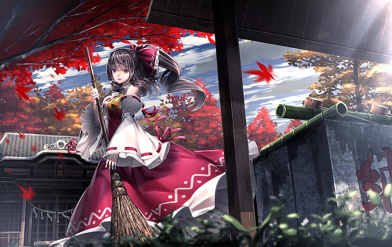 Hakurei Reimu, red, autumn, manga, ryosios, leaf, girl, anime, touhou ...