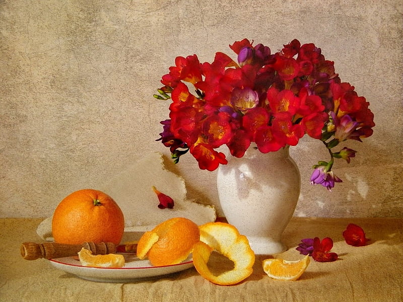 still life, pretty, orange, vase, bonito, sia, fruit, graphy, nice, flowers, harmony, lovely, colors, cool, bouquet, flower, HD wallpaper