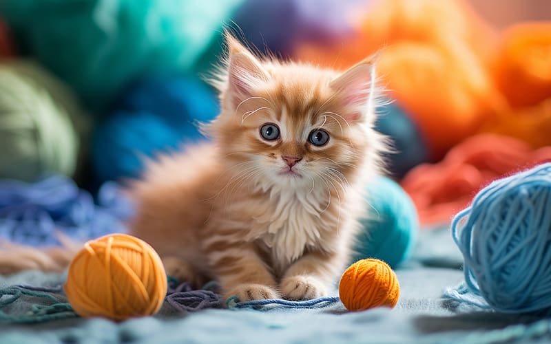 Kitten, wool ball, pisici, cute, cat, orange, ginger, blue, neuroset, neuroser, HD wallpaper