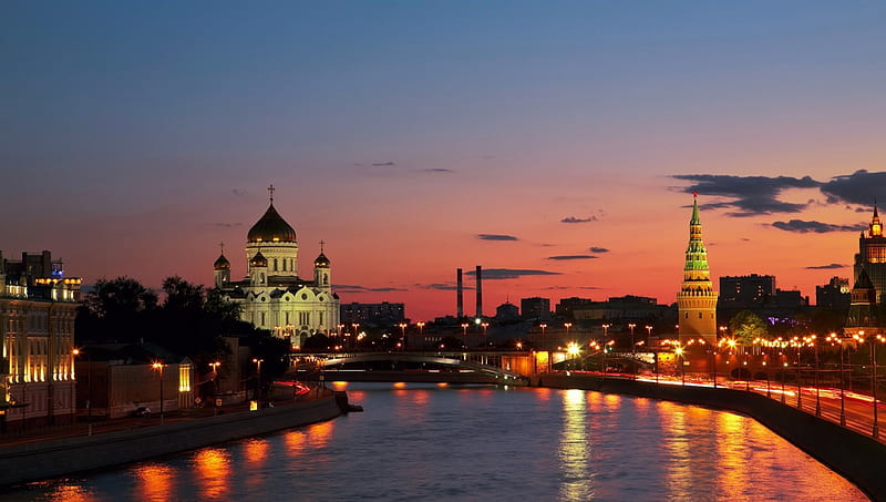 wonderful river in moscow at twilight, city, churches, river, twilight, lights, HD wallpaper