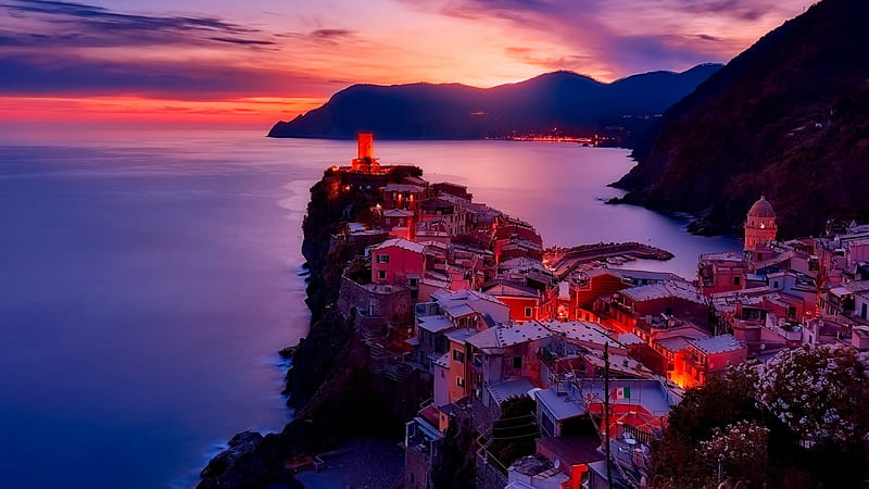 Vernazza at Sunset(Cinque Terre, Italy), mountains, houses, sunset, sky, Nature, italy, sea, HD wallpaper