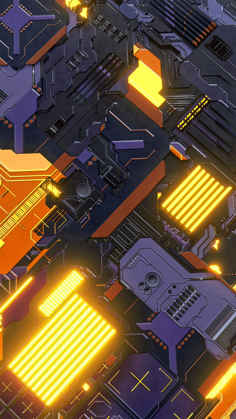 Tech M2, circuit board, cyber, glowing, motherboard , purple, robotic, tech , technology, yellow glow, HD phone wallpaper