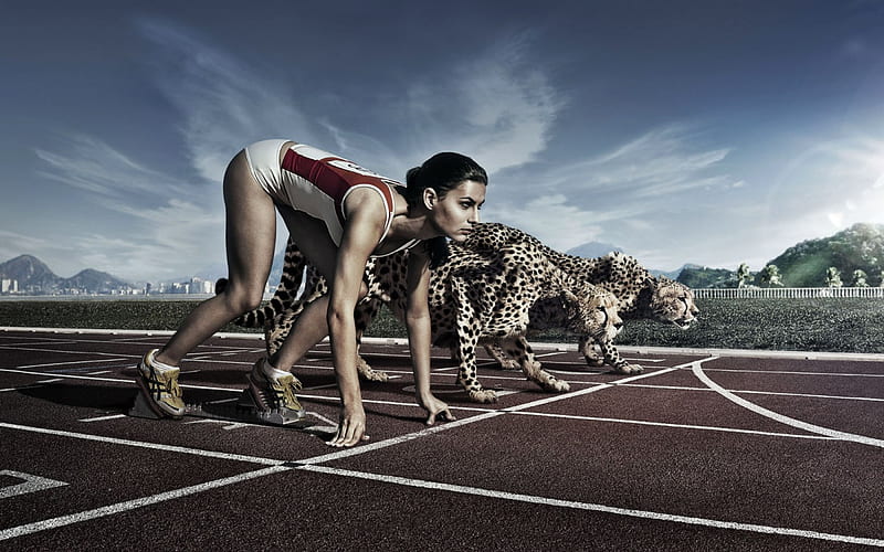 woman and cheetah, running, track, cheetah, woman, HD wallpaper