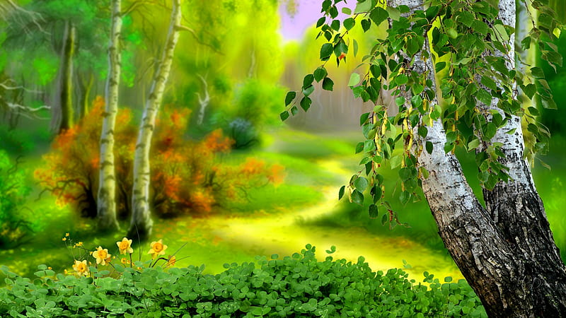 Nature Path, Firefox theme, forest, aspen, daffodils, woods, fresh, birch, spring, trees, green, flowers, path, walk, HD wallpaper