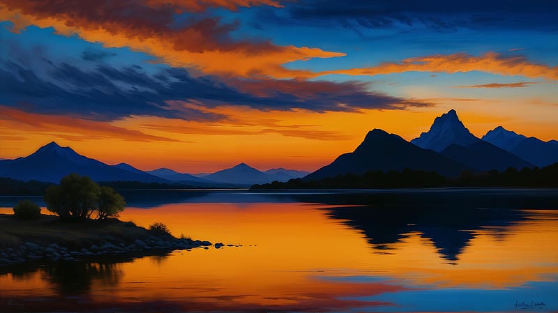 Breathtaking sunset over tranquil mountain lake, evening glow, trees, golden hour, stillness, colorful sky, wilderness, mirrorlike water, beauty, digital painting, outdoors, tranquility, sunset, nature, serenity, dusk, mountains, idyllic, vibrant colors, lake view, solitude, waterscape, , scenery, silhouette, environmental, tourism, peace, tranquil scene, majestic peaks, hidden gem, leisure, relaxation, travel destination, landscape, reflection, calmness, twilight, natural wonder, undisturbed, no people, orange sky, inspiration, breathtaking view, scenic, HD wallpaper