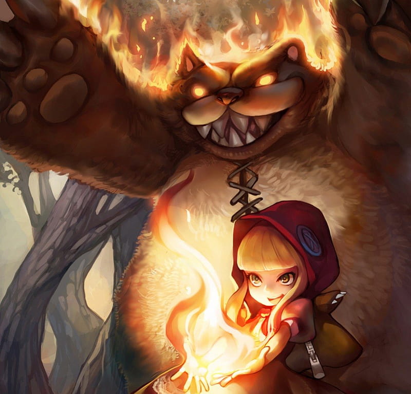 Annie n Tibbers, glow, frame, video game, game, sparks, magic, horror, Tibbers, league of legends, angry, creepy, Annie, anime, gloomy, mmorpg, scary, anime girl, online game, online, mad, rpg, cute, fire, kawaii, blaze, monster, sinister, creature, HD wallpaper
