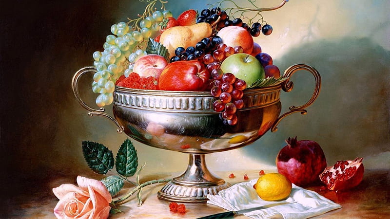 Fruits in a Bowl, graphy, rose, fruits, painting, bowl, HD wallpaper