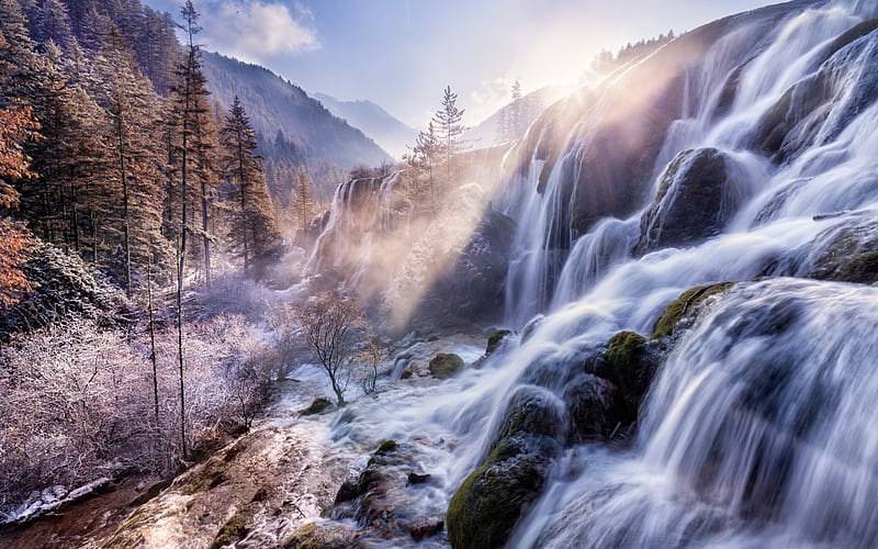 winter, mountains, waterfall, China nature, morning, wood, China, HD wallpaper