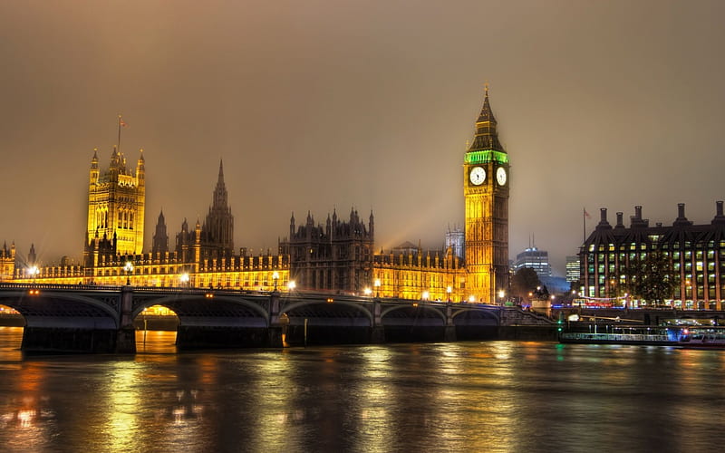 elizabeth tower and westminster palace r, bridge, palac, tower, river, r, lights, night, HD wallpaper