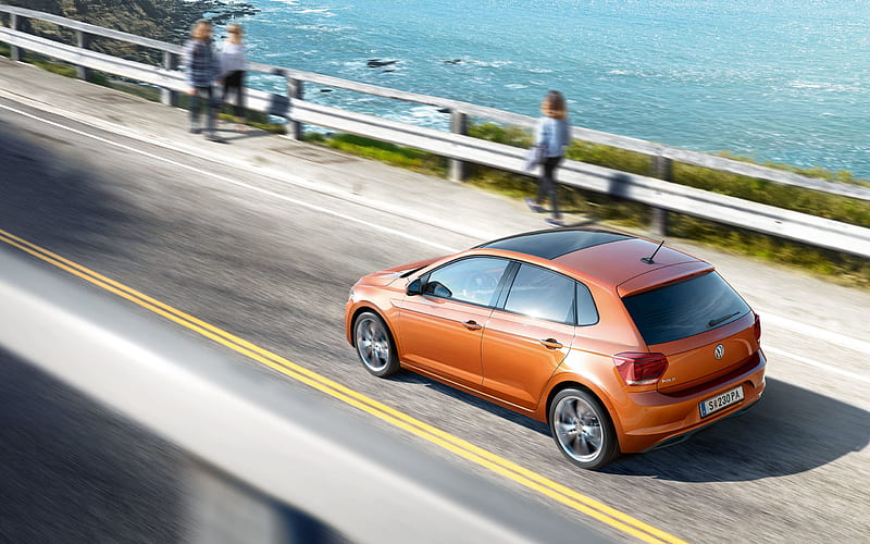 Volkswagen Polo, 2018, hatchback, exterior rear view, new orange Polo, German cars, Volkswagen, HD wallpaper