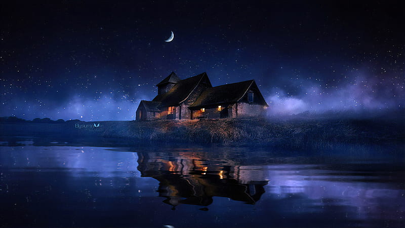 A house on the river bank on a moonlit starry night, house, nature, river, starry, reflection, night, moonlit, HD wallpaper