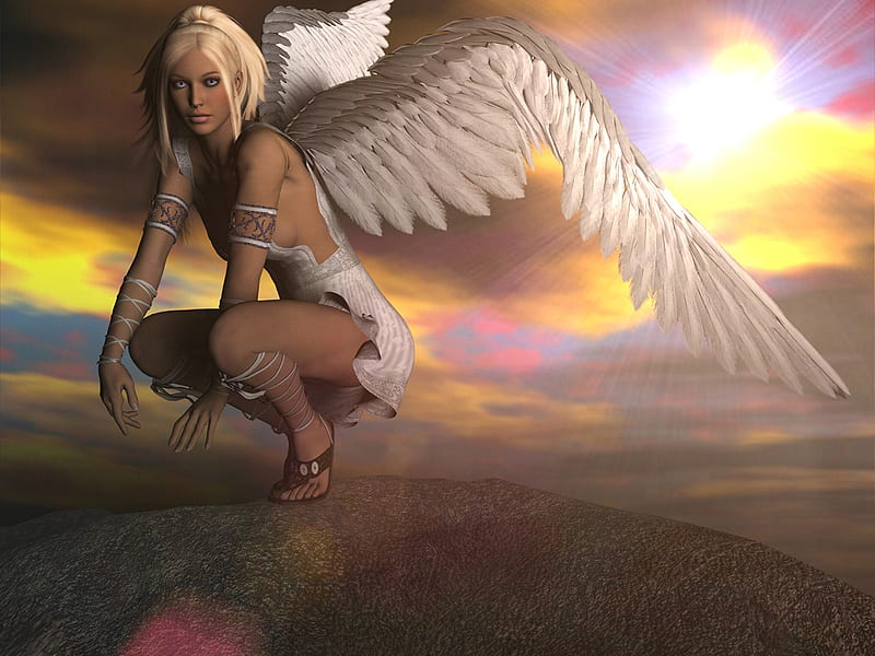 Angel of the sunset, fantasy, wings, girl, sunset, abstract, sky, woman, HD wallpaper