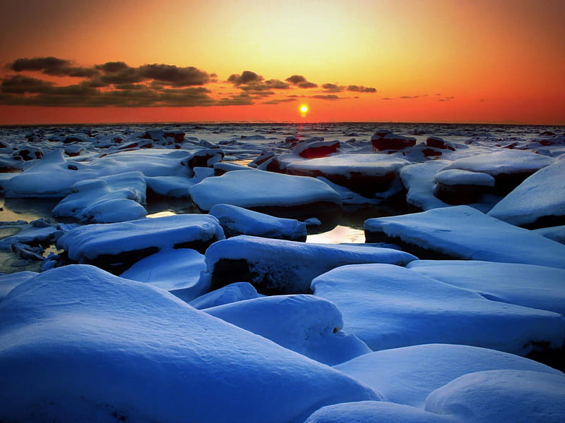 Horizon Sunset, ice floes, horizon, snow, ocean, nature, sunset, winter, HD wallpaper