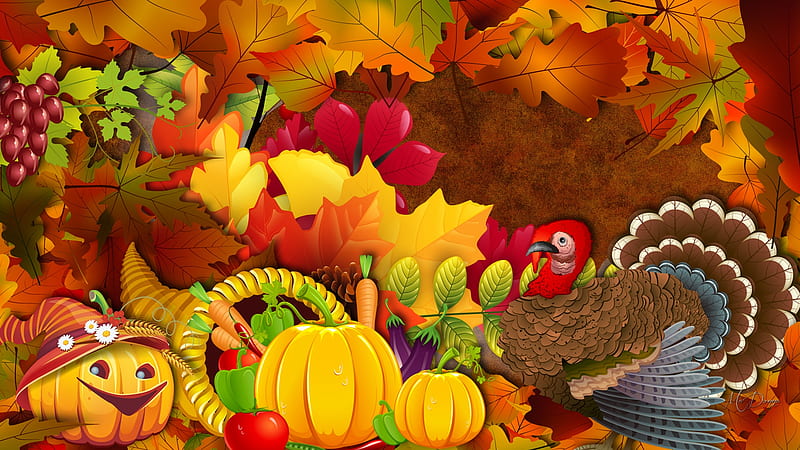 Thanksgiving Treasures, turkey, gourds, pumpkins, Firefox theme, fall, harvest, autumn, leaves, Thanksgiving, cornucopia, basket, HD wallpaper