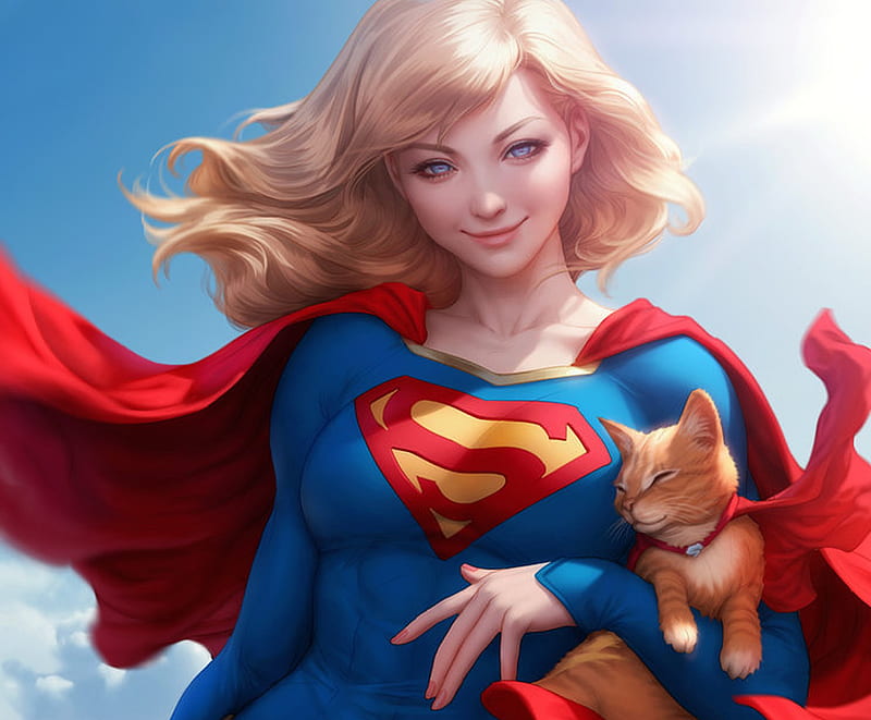 Supergirl and Streaky, red, supergirl, luminos, blonde, cat, streaky, fantasy, girl, stanley lau, artgerm, pisica, blue, HD wallpaper