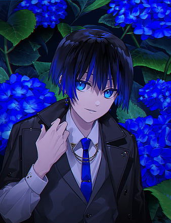 A anime boy that haves black hair and blue eyes and