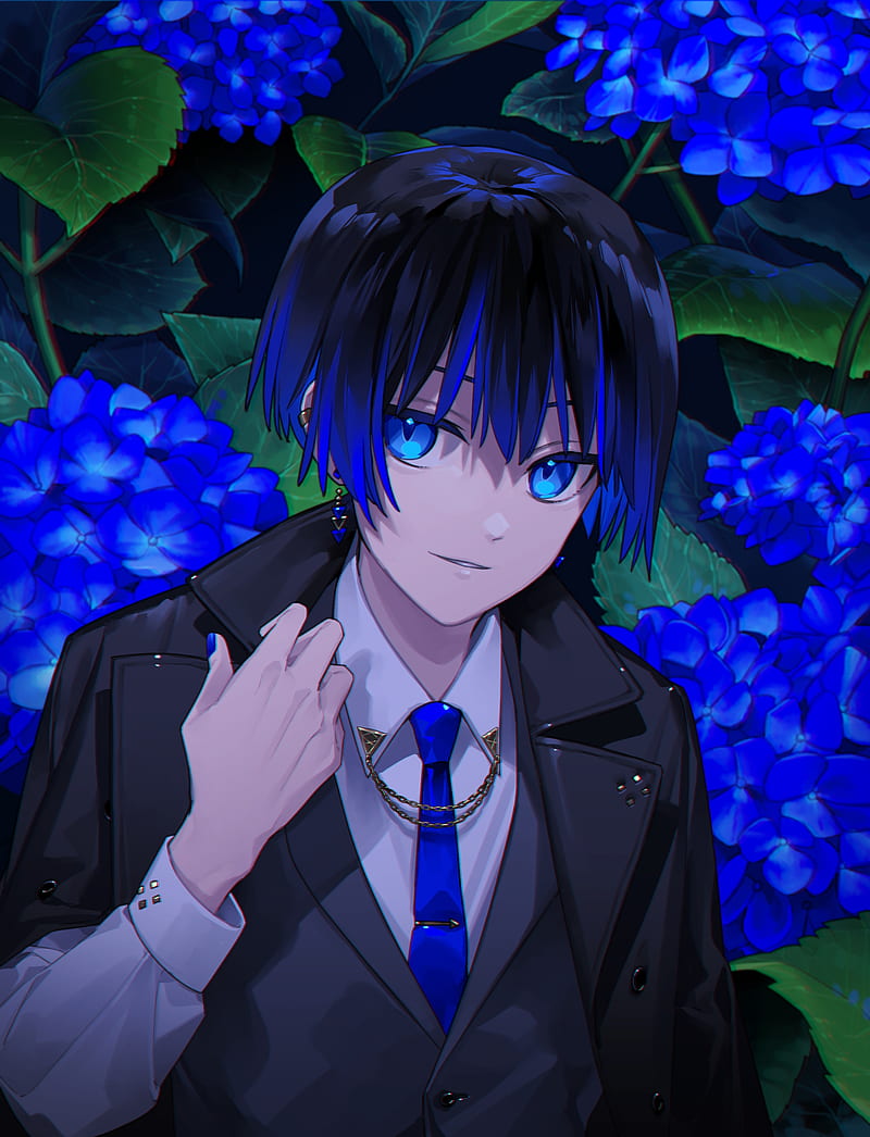 Anime boy, blue hair, suit, earring, smiling, shoujo, Anime, HD phone  wallpaper | Peakpx