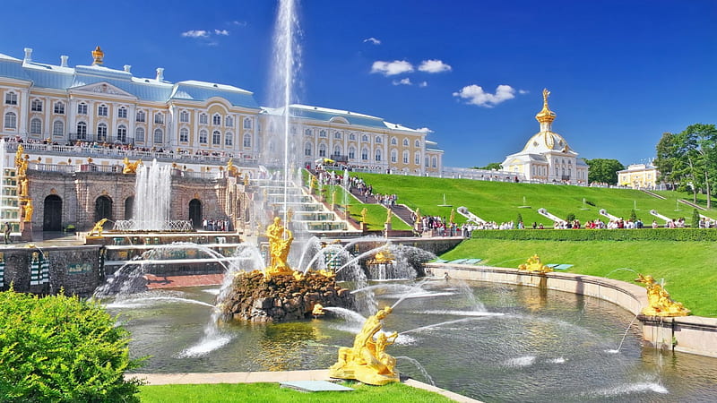 peterhof palace in st. petersburg russia, statues, grass, fountains, place, hill, HD wallpaper