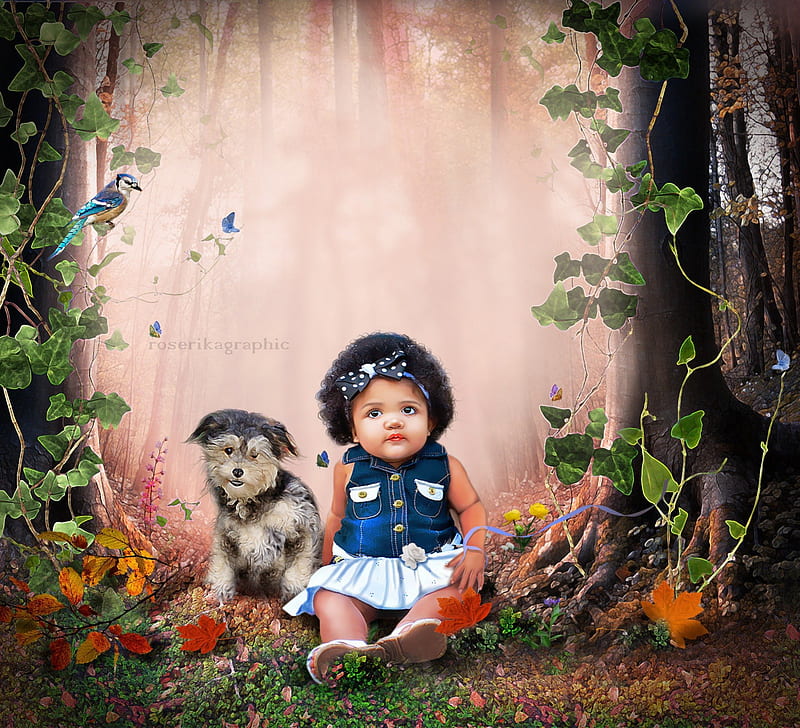 ~Enfant et Son Chien~, autumn, ivy leaves, adorable, digital art, leaves, fantasy, manipulation, flowers, dog, child and dog, fall season, enfant et son chien, model, creative pre-made, butterflies, trees, girl, bird, plants, weird things people wear, backgrounds, nature, HD wallpaper