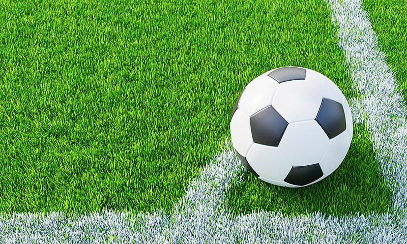 Lawn or soccer field with thick, soft green grass. A standard patterned  soccer ball placed for corner kicks. Top view Football field. Background or  . 3D lawn. 3D Rendering. 6661776 Stock, HD
