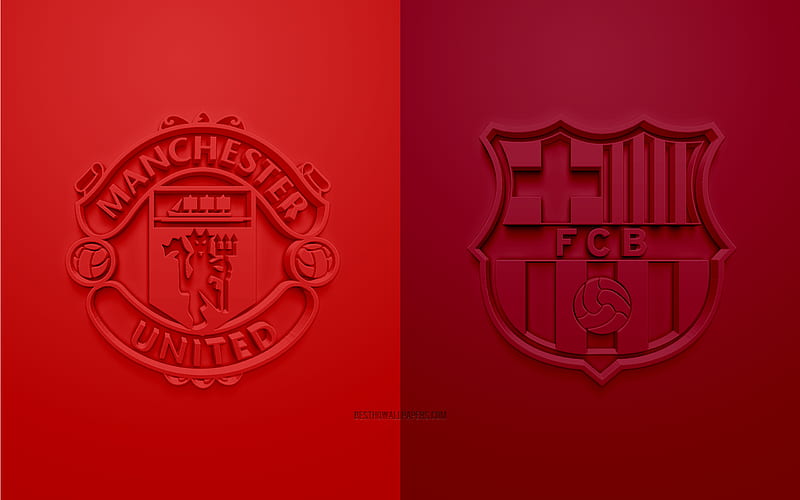 Manchester United FC vs FC Barcelona, UEFA Champions League, creative 3D art, promotional materials, quarterfinal, 3D logo, red burgundy background, FC Barcelona, Manchester United FC, HD wallpaper