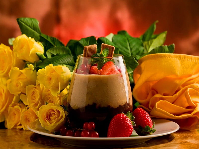 Yummy dessert, red, pretty, dinner, bonito, dessert, nice, yummy, flowers, strawberries, delicious, lovely, roses, yellow roses, taste, berries, cup, plate, cream, HD wallpaper