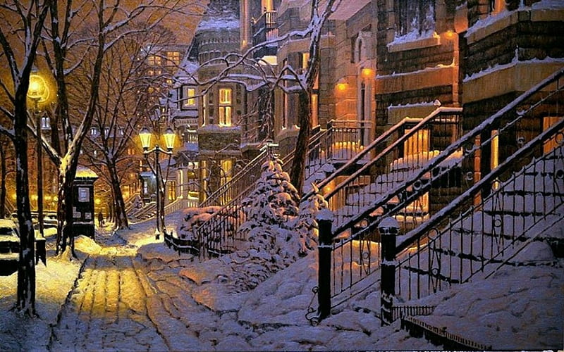 By Richard Savoie (Montreal), art, stree, snow, winter, light, HD wallpaper