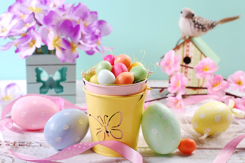 Easter, spring time, colorful, easter eggs, holiday, colors, spring, still life, flowers, happy easter, HD wallpaper