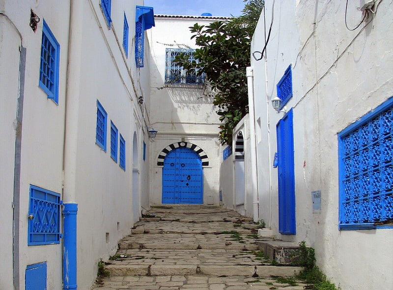 Tunisia, windows, houses, stairs, doors, blue, HD wallpaper | Peakpx