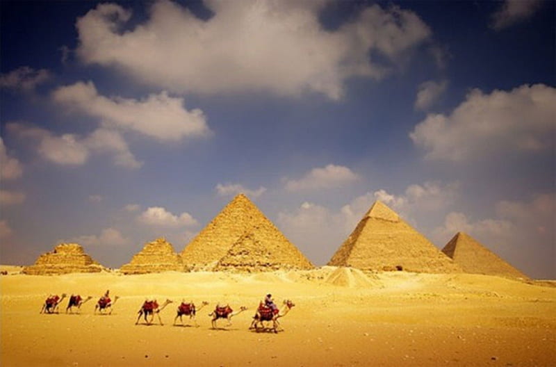Caravan, pyramids, camels, bedouins, desert sand, HD wallpaper