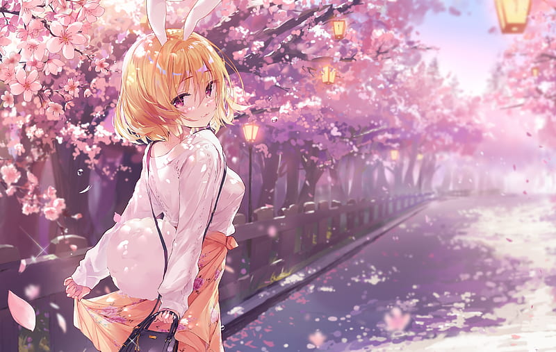 pretty anime girl, sakura blossom, road, leaves, spring, blonde, bunny ears, Anime, HD wallpaper