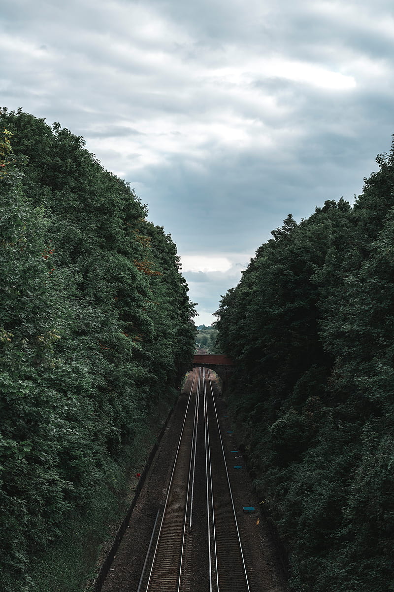 railway, rails, trees, tunnel, corridor, HD phone wallpaper