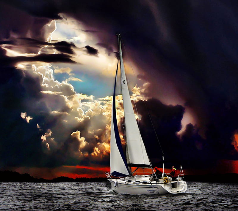 Sailing boat, dark clouds, nature , navigation, sea, storm, HD wallpaper