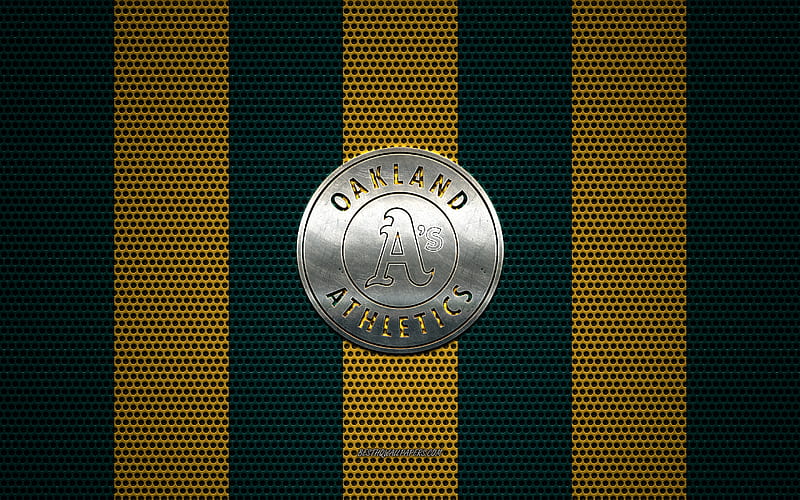 Oakland Athletics logo, American baseball club, metal emblem, green-yellow metal mesh background, Oakland Athletics, MLB, Oakland, California, USA, baseball, HD wallpaper
