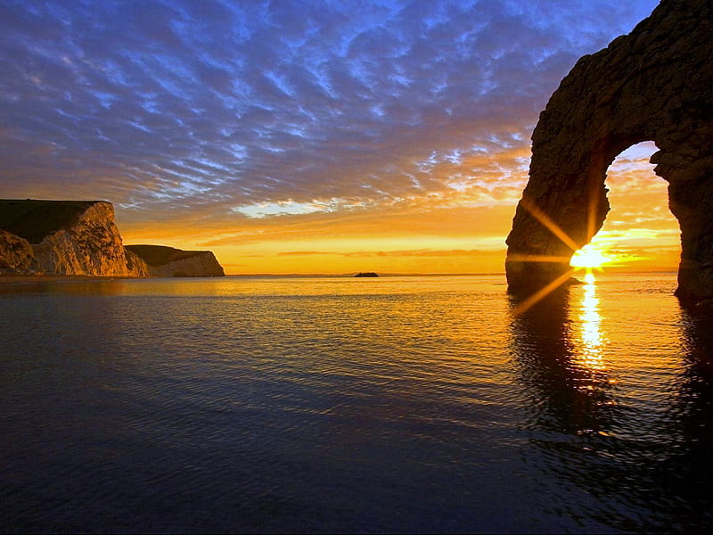 Ocean arch, ripples, arch, cliffs, golden, ocean, sunset, sky, blue, HD wallpaper