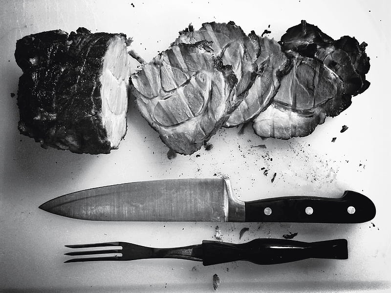 grayscale of grilled meat beside knife and fork, HD wallpaper