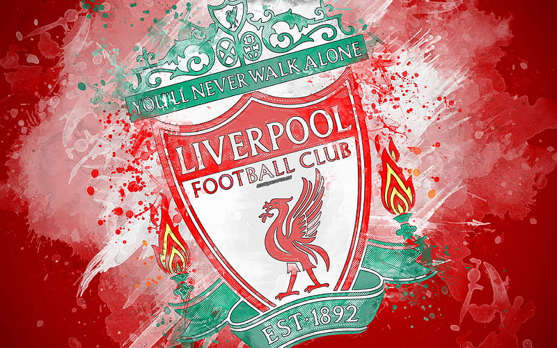 Liverpool FC paint art, logo, creative, English football team, Premier League, emblem, red background, grunge style, Liverpool, England, UK, football, HD wallpaper