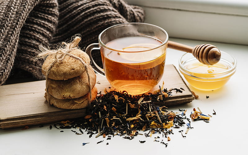 tea with honey, black tea leaves, tea concepts, tea cup, honey, cookies, HD wallpaper