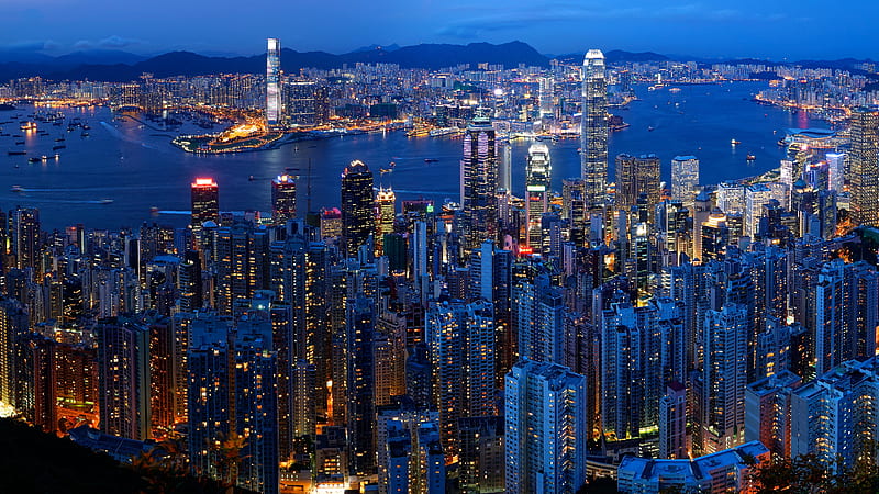 Victoria City Hong Kong City Buildings Night View Travel, HD wallpaper