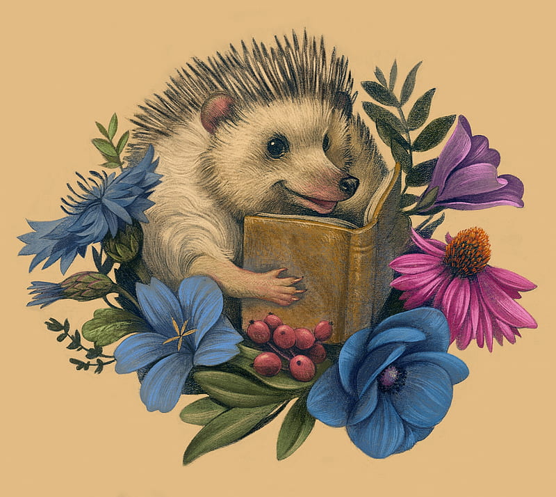 Reading time, art, fantasy, hedgehog, book, flower, christopher thornock, pink, blue, child, HD wallpaper