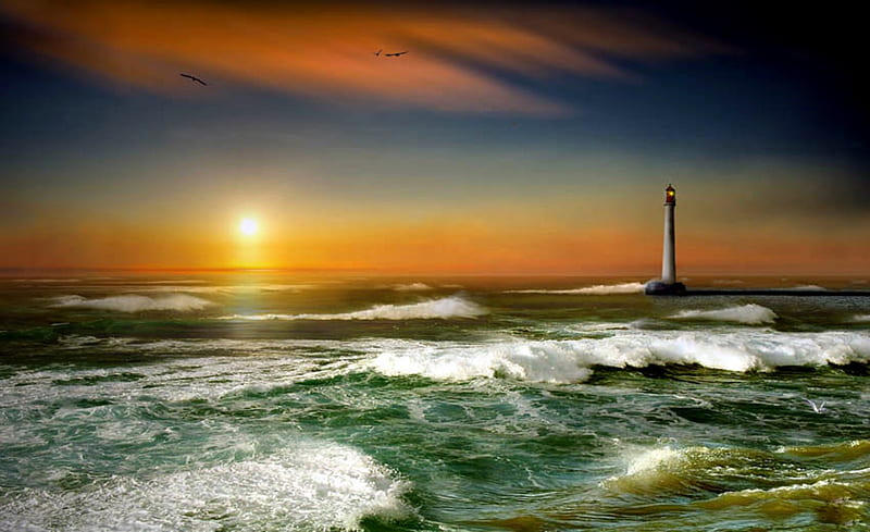 Keeping Watch, sun, ocean, sunset, waves, seagulls, clouds, lighthouse, sea, water, HD wallpaper
