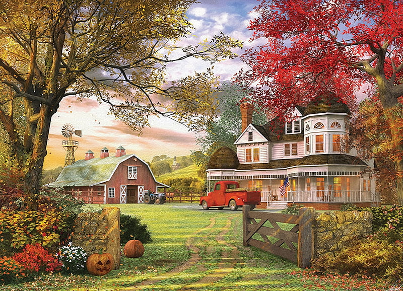 Old Pumpkin Farm, gate, autumn, house, tractor, pick up truck, barn, farm, pumpkin, flowers, HD wallpaper