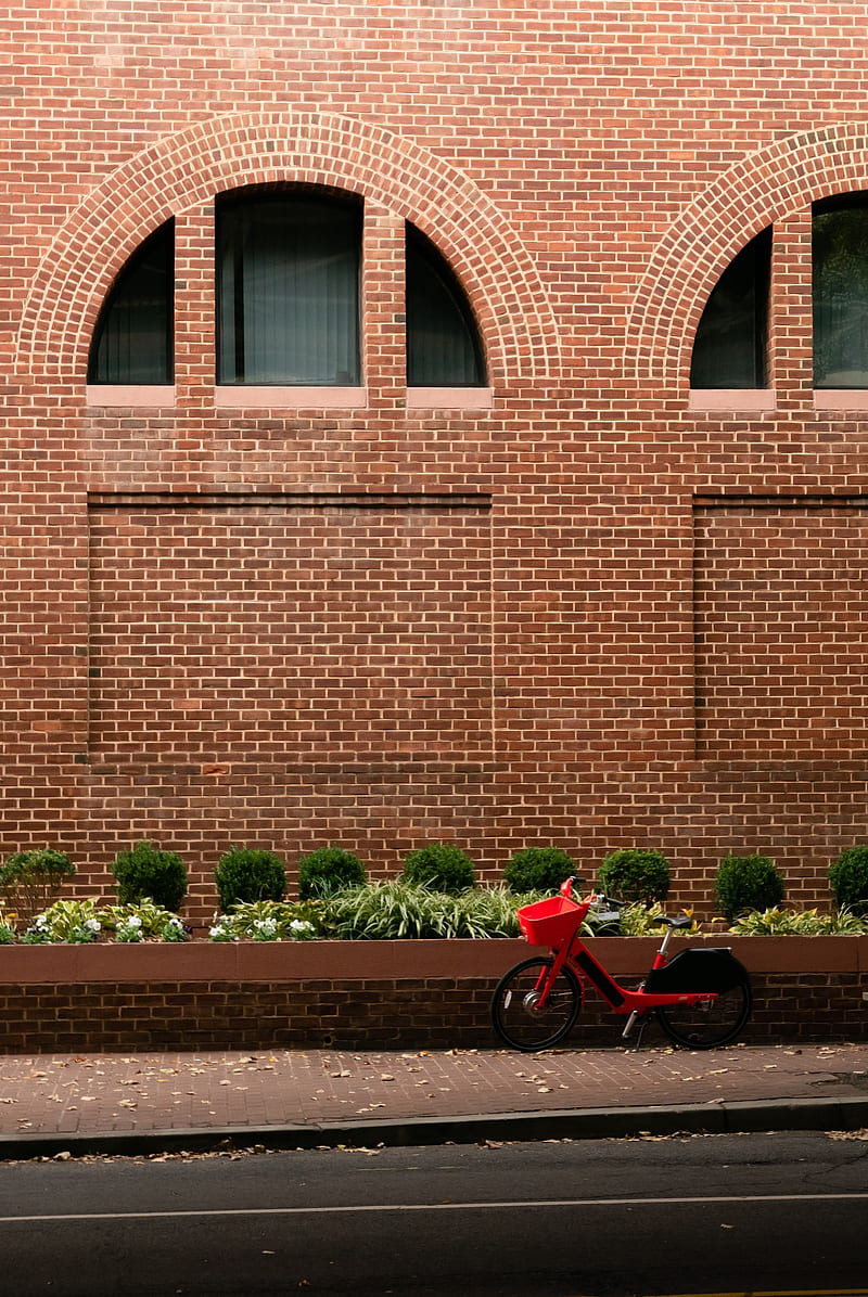 bicycle, red, building, road, HD phone wallpaper