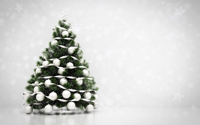 Christmas tree with white balls, New Year, Christmas, white snow, Christmas background, Christmas tree, HD wallpaper