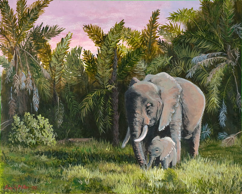 Walk With Me Little One, elephants, painting, jungle, animals, other, HD wallpaper