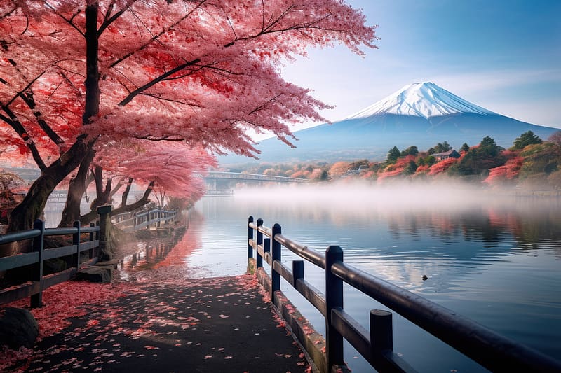 Mt Fuji and cherry blossom, Japan, Trees, Fog, Winter, Bridge, Lake, HD wallpaper