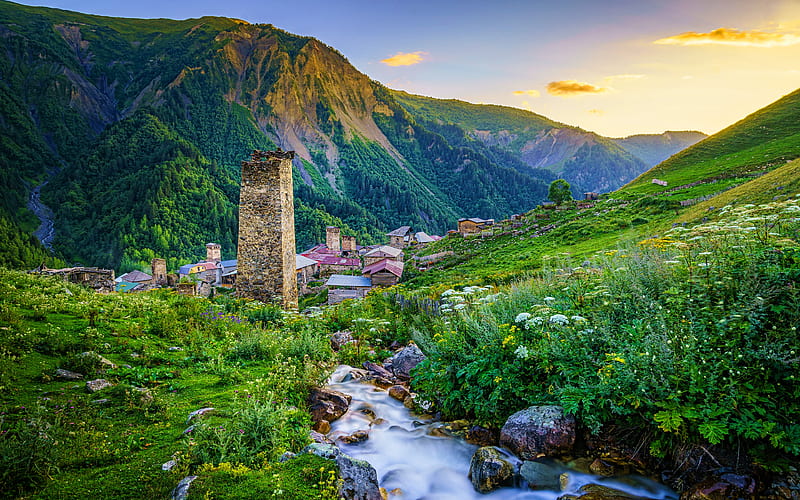 Adishi village, summer, beautiful nature, Upper Svaneti, Georgia, Asia, georgian nature, mountains, HD wallpaper
