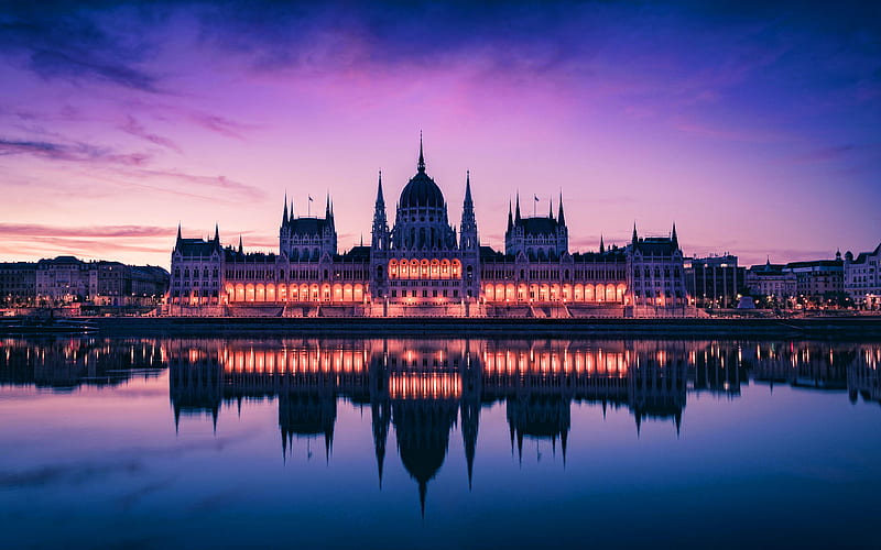 Budapest, Hungarian Parliament Building Parliament of Budapest, sunset, Landmarks of Budapest, Europe, Hungary, Budapest at evening, HD wallpaper