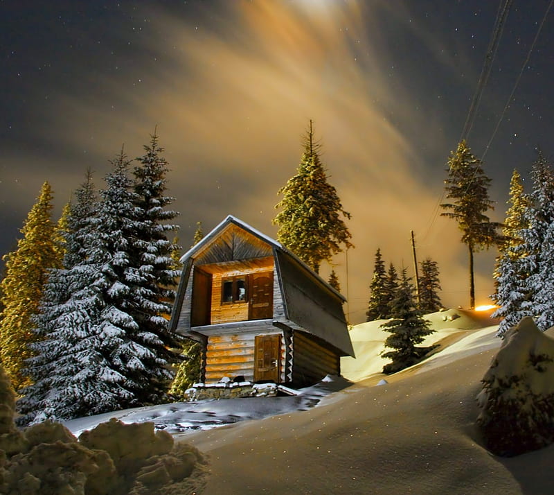 Magic Night, night, sky, snow, winter, HD wallpaper